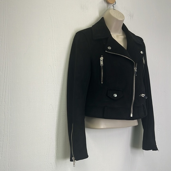 Zara - Black Faux Suede Cropped Moto Biker Long Sleeve Zipper Jacket Size XS - Picture 3 of 11